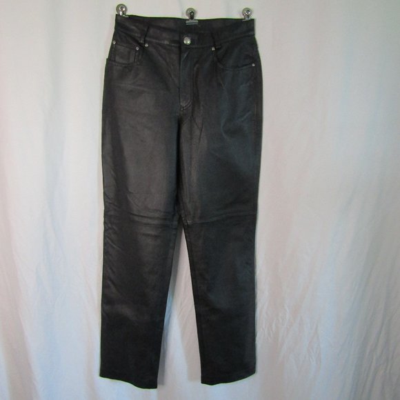 Newport News Black Leather High Waisted Straight Leg Pants Size 8 Petite - Picture 1 of 7